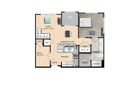 Floor plan for 1 bed, 1 bath, 861 sqft